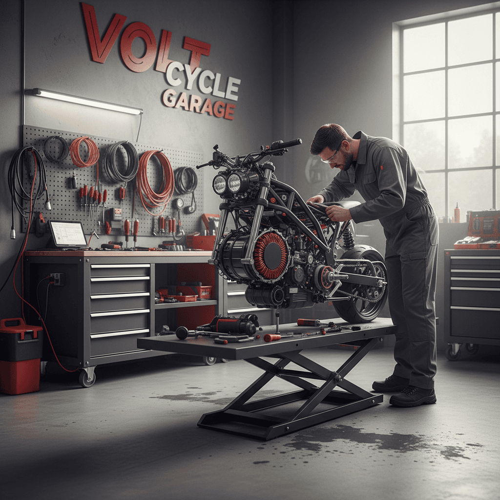 Técnico reparando moto eléctrica en taller especializado