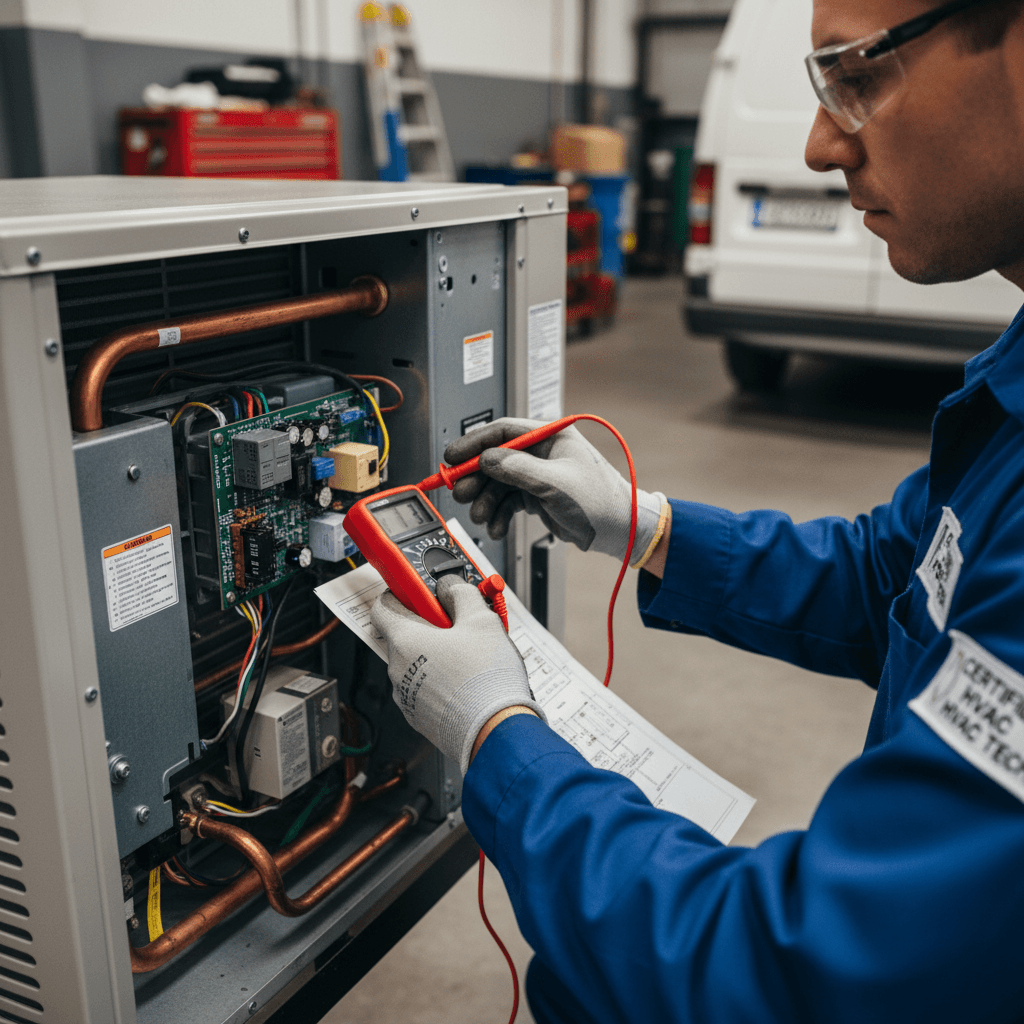 Técnico reparando aires acondicionados en taller profesional